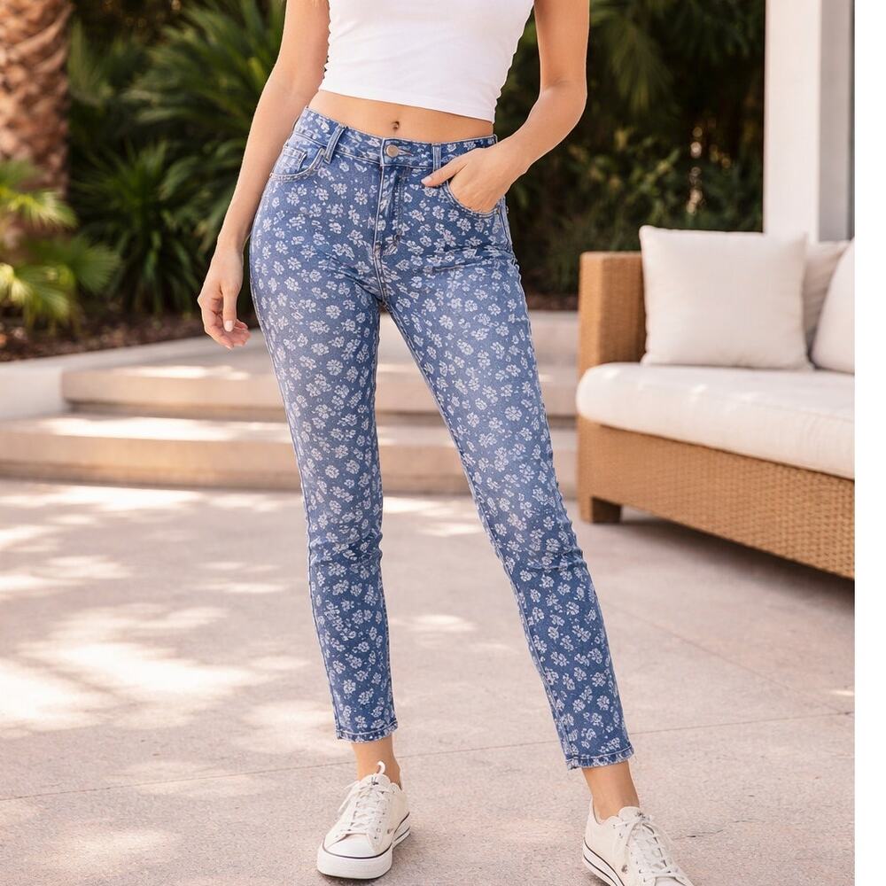 Paige Skyline Ankle Peg Jeans Blue Floral Print Skinny Denim Size 28